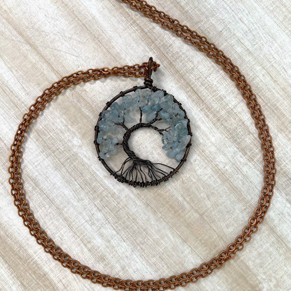 2 TREE NECKLACES Brass wire wrapped Aquamarine & Peridot chip stones - Picture 4 of 5